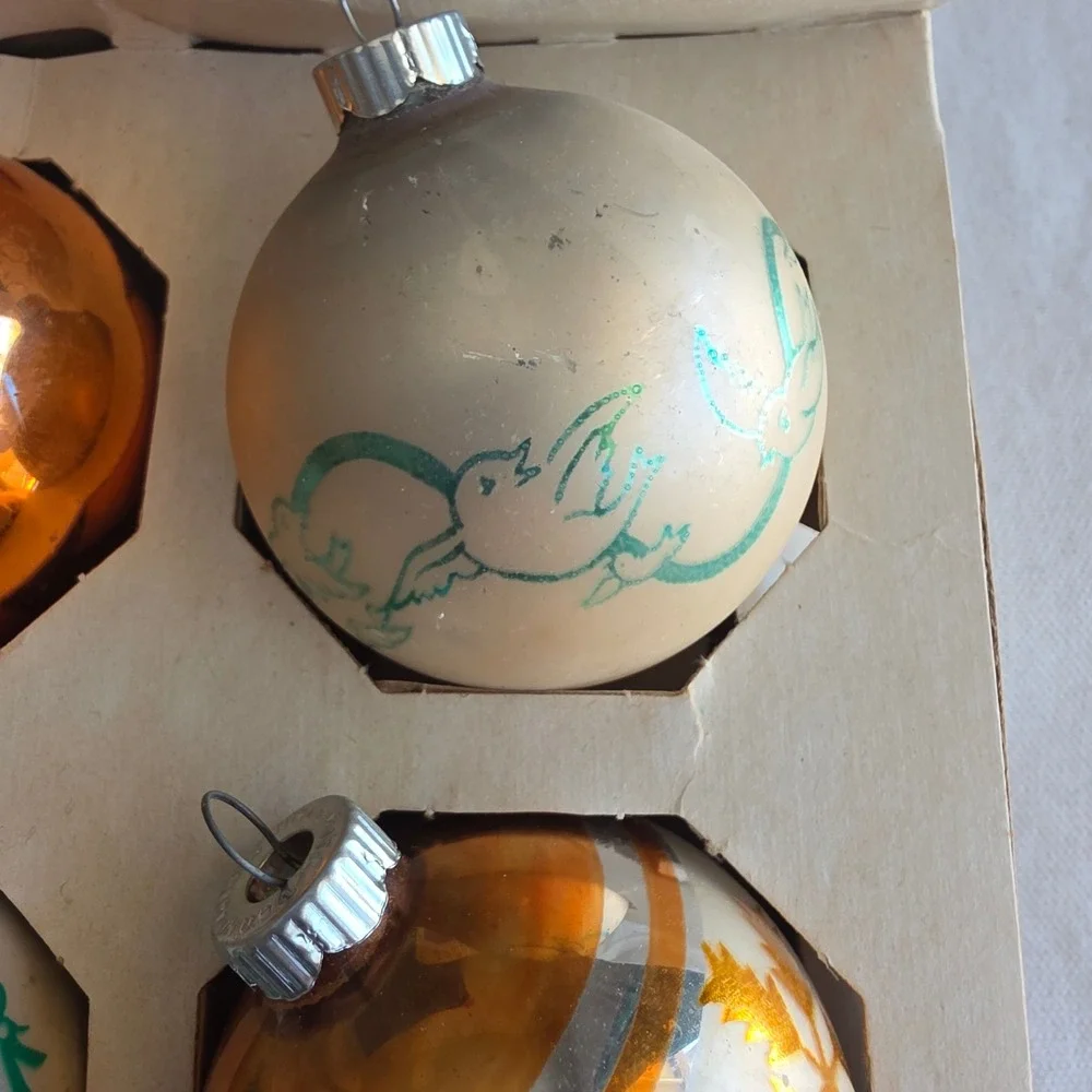 VTG Shiny Brite Glass Christmas Ornaments Set 9 Stenciled Orange & Green in Box
